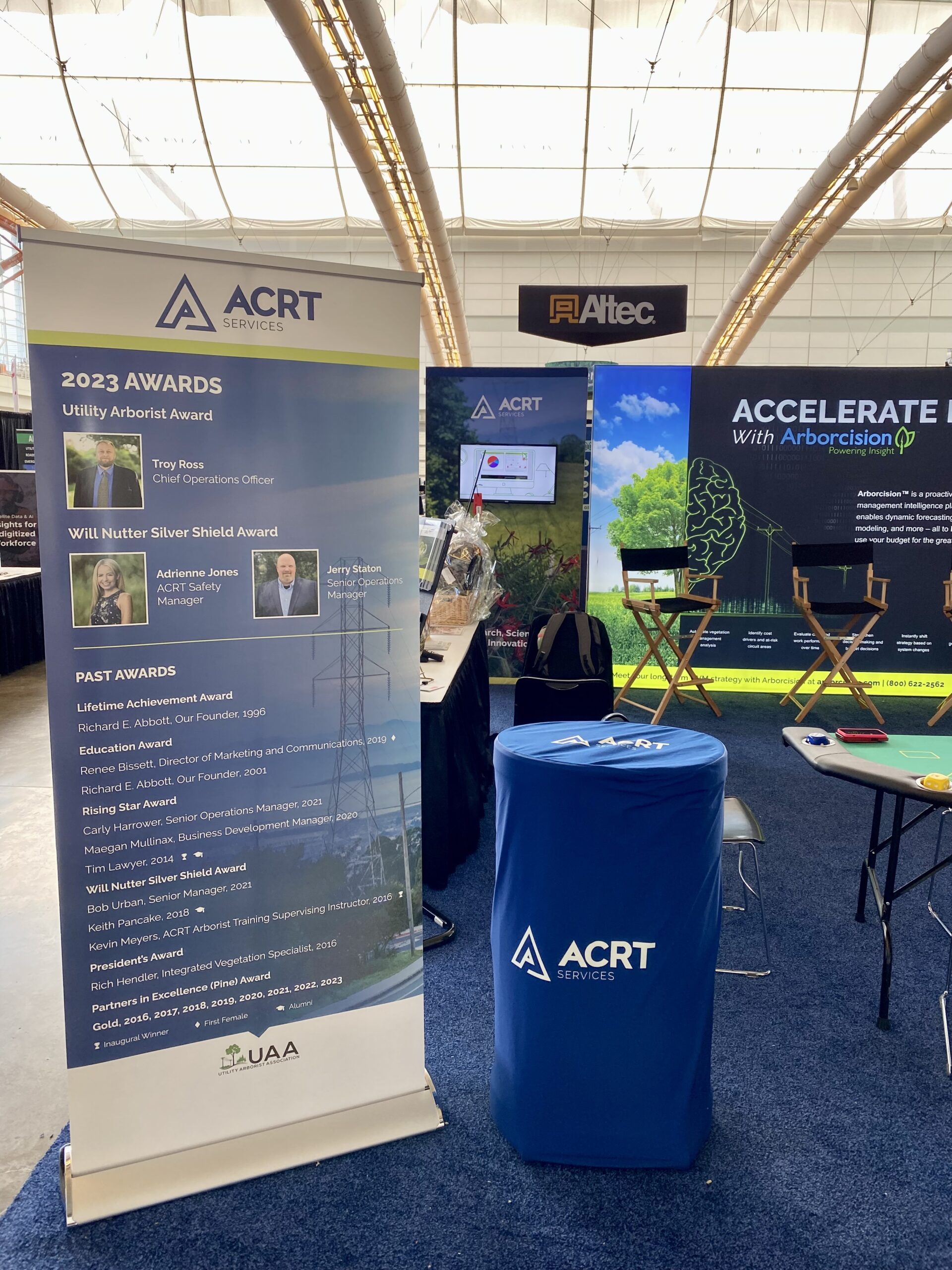 An ACRT Services exhibitor booth displays a banner highlighting 2023 awards alongside branded signage and seating in a trade show hall.